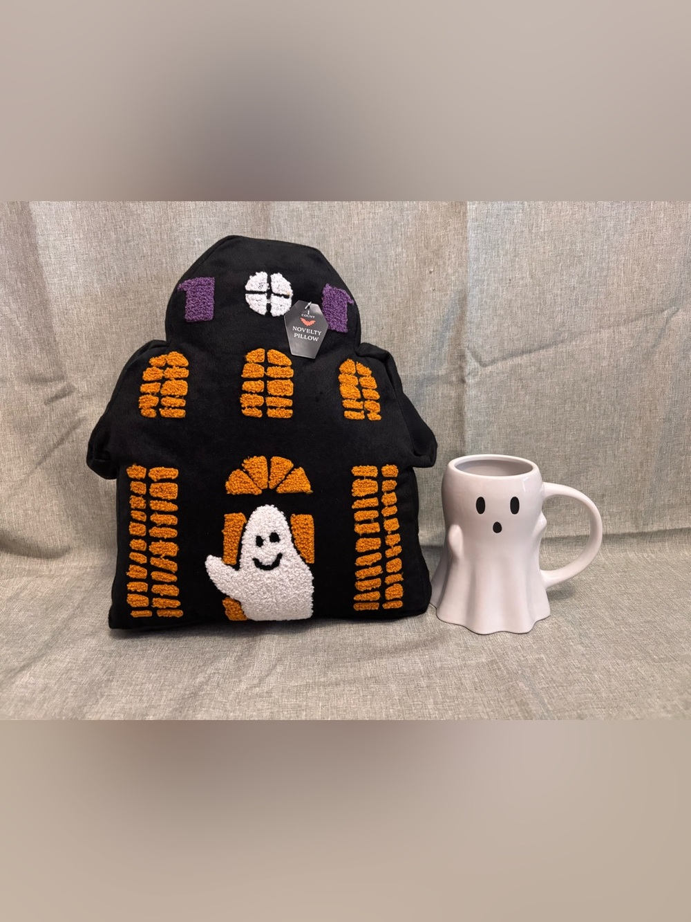 Halloween Bundle! Haunted House Throw Pillow & Ceramic Ghost Mug, NWT
